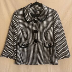Insight Size 10 Blazer Jacket Black and White Dot Black Ruffle Trim Wool Blend